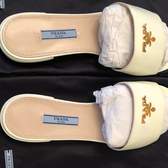 Prada Gold Logo Cream Sandals. New. - Picture 3 of 5
